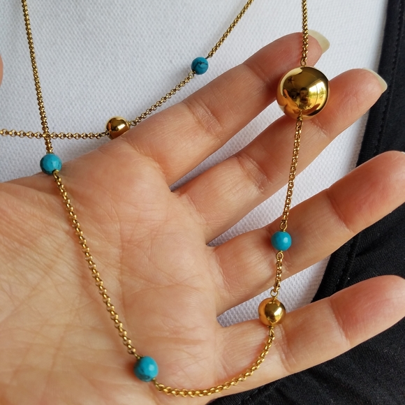AUTHENTIC Oxette Gold & Turquoise Long Convertible Necklace from Greece NEW - Picture 7 of 9